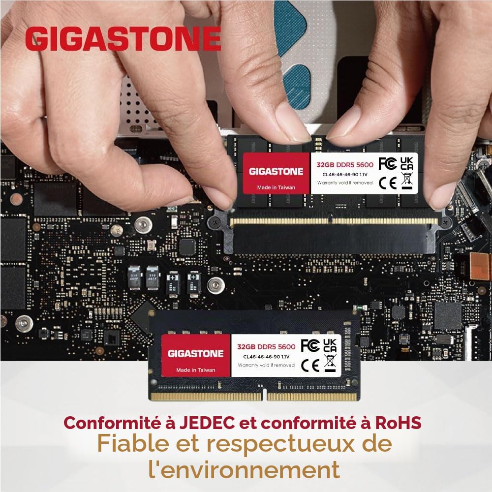 【DDR5 RAM】 GIGASTONE 32Go Kit DDR5 5600MHz PC5-44800 CL 46-46-46-90 1.1V SODIMM 262pin UnbuffeRouge Non ECC Mémoire Haute Performance Mise à Niveau pour Portable