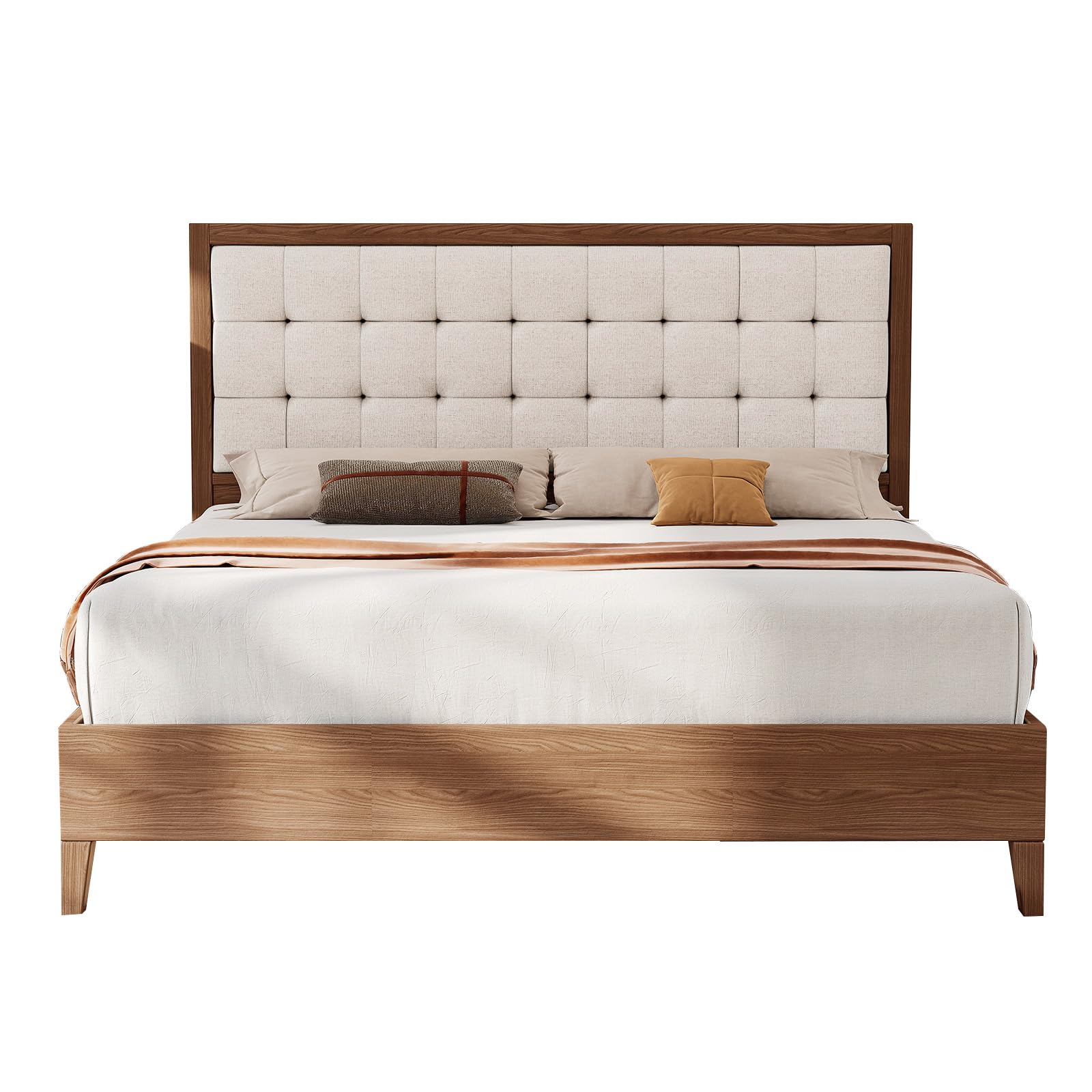 LUXOAK Massivholzbett 140x200 cm aus Kiefernholz mit 124 cm hohem gepolstertem Kopfteil, stabiles Holzbett mit Lattenrost, modernes Doppelbett im Walnuss-Look aus Leinenstoff, ohne Matratze