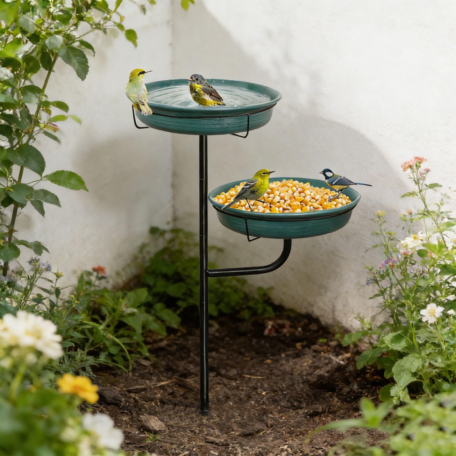 Bebedero para pájaros de metal con bebedero y comedero, ideal para pájaros silvestres en negro y verde