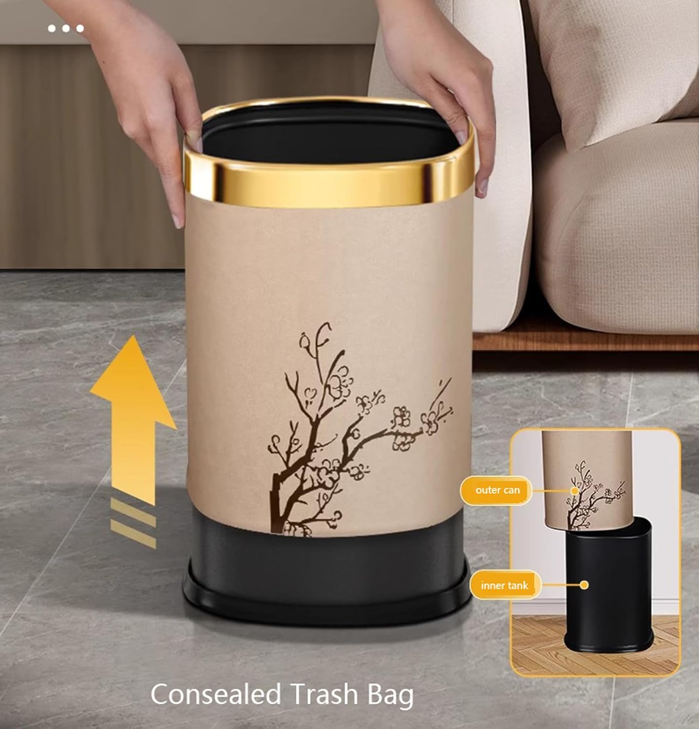 Trash Can Luxury Metal Waste Bin with Leather Cover,Open Top Office Wastebasket,Double Layer, Round Shaped (Golg Carve with Gold Ring)