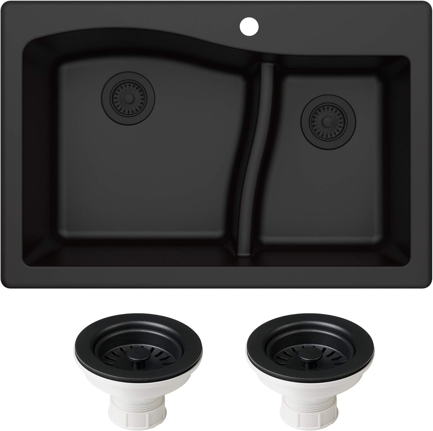 KRAUS KGD-442 Quarza 33-inch 33” Dual Mount 60/40 Double Bowl Granite Kitchen Sink in Black Black Sink with Strainer