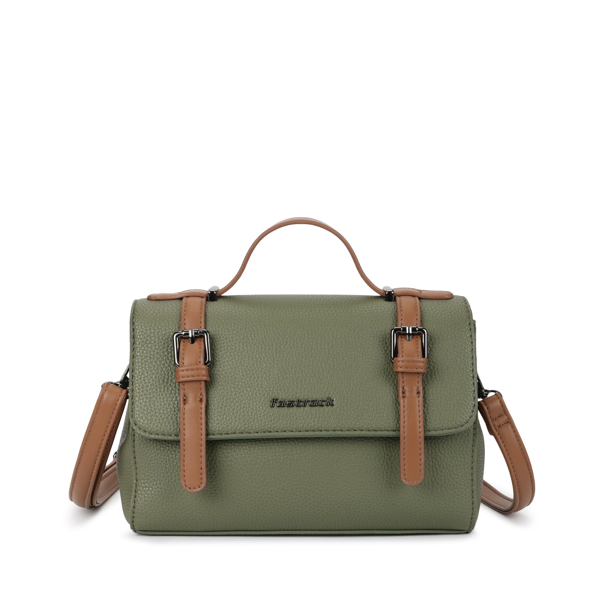 Monochrome Muse Satchel | Faux-Leather Satchel for Women in Olive with Tan Accents | Buckle-Flap Closure, Dual Carry Options, Centre Zip Divider & Quick-Access Pockets-image-29