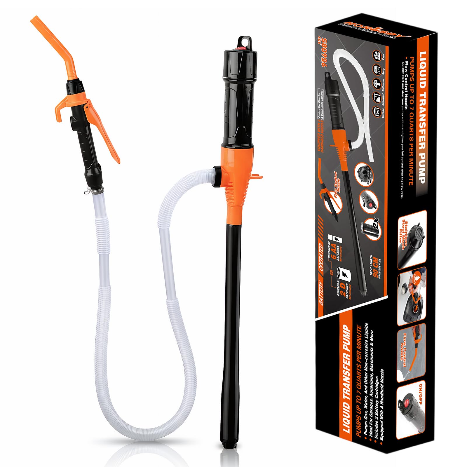 Pompe de Transfert Électrique sur Batterie, Pompe à Carburant, Pomp Siphon Portable pour Liquides, Pompes à Gasoil avec Tuyau, 3,5 GPM pour Essence, Diesel (Orange)