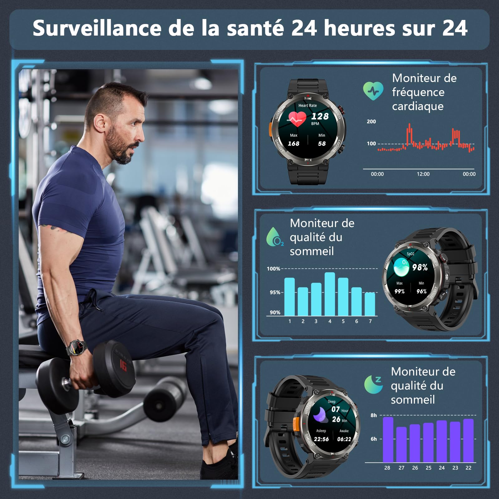 Montre Connectée Homme, Militaire Smartwatch Appels Bluetooth, Torche LED, Batterie 960mAh, 1.45'' HD, Fréquence Cardiaque, Sommeil, SpO2,120+ Modes Sportifs, Étanche IP68, 2 Sangles, Android iOS