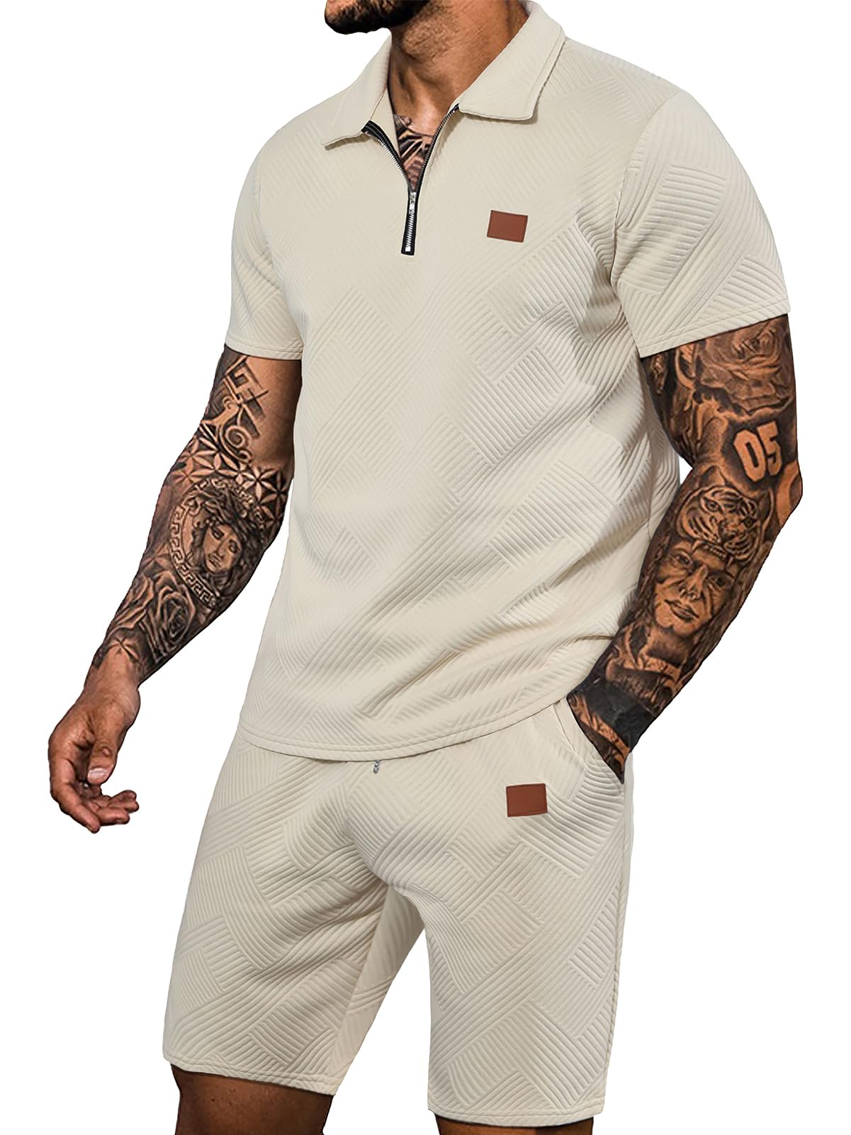 Ryehack Men's 2 Piece Sweatsuits Outfits Jacquard Zip Polo Shirt Sweatshirt Joggers Sweatpants Tracksuit Set