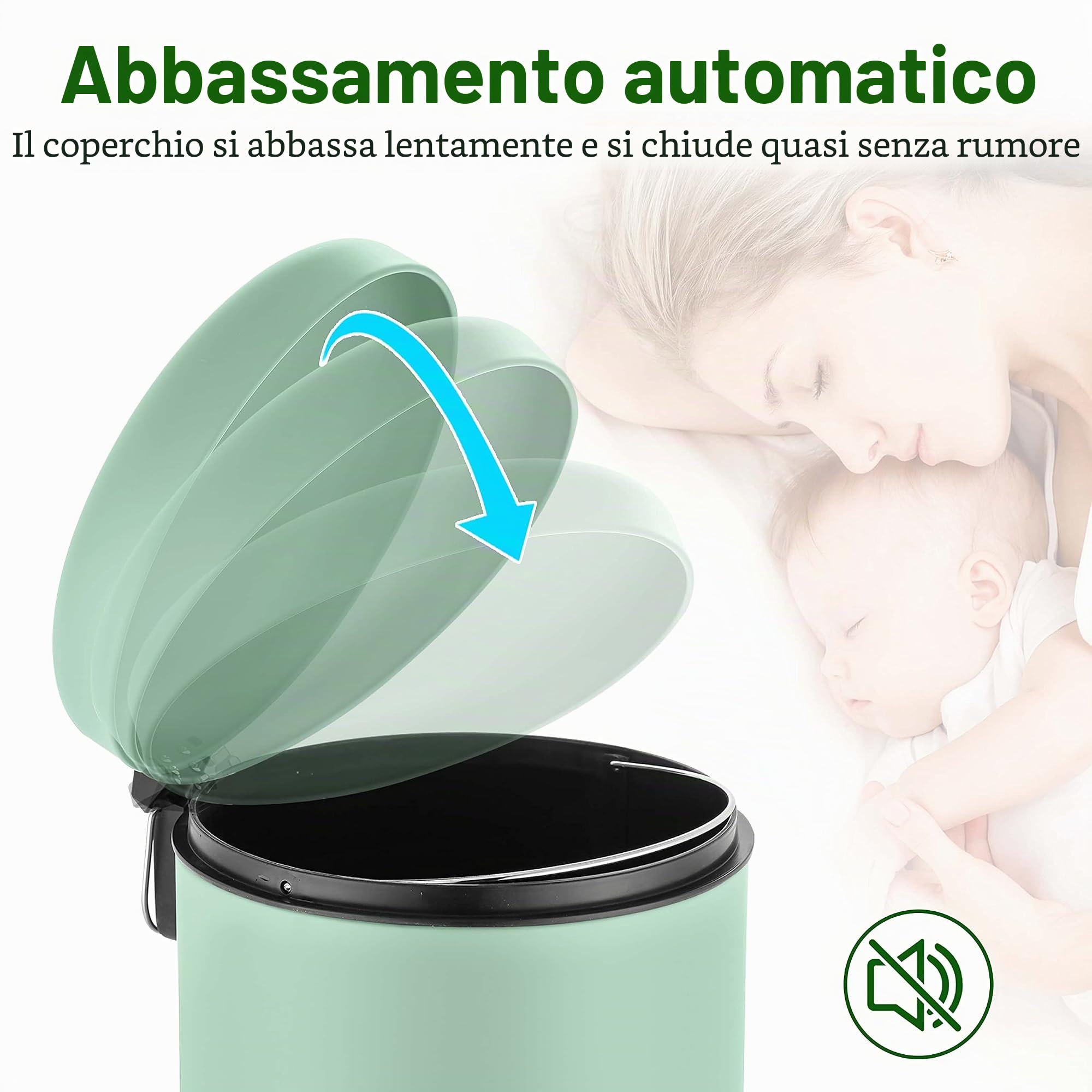 Ribelli Pattumiera in acciaio inox cestino pattumiera a pedale contenitore rifiuti 30L rotondo, colorazione:menta