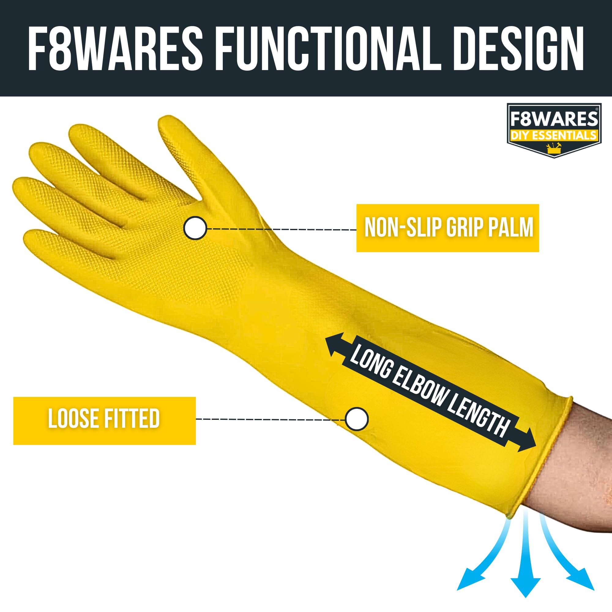 F8WARES 1Pair 16 Inch Long Hand Gloves - Rubber Gloves for Cleaning - Gloves for Washing Utensils - Gardening Gloves - Dish Washing Gloves - Kitchen 1
