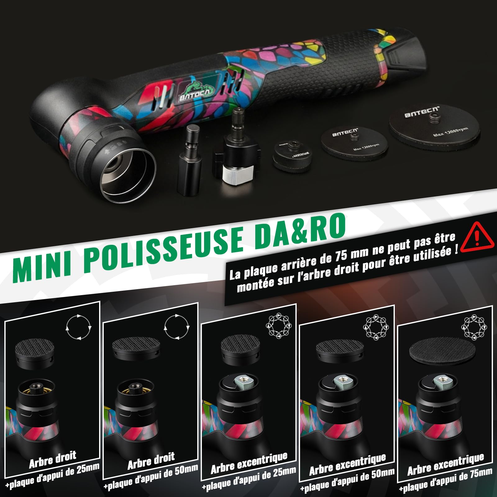 BATOCA S5 Mini Polisseuse Voiture Sans Fil Polisseuse Orbitale et Rotative | Pour Voiture Kit Polissage Voiture Kit de Disques de Polissage 25/50/75mm lot de 2 Batteries 12V 6 Vitesses 2000 à 5500tr/min