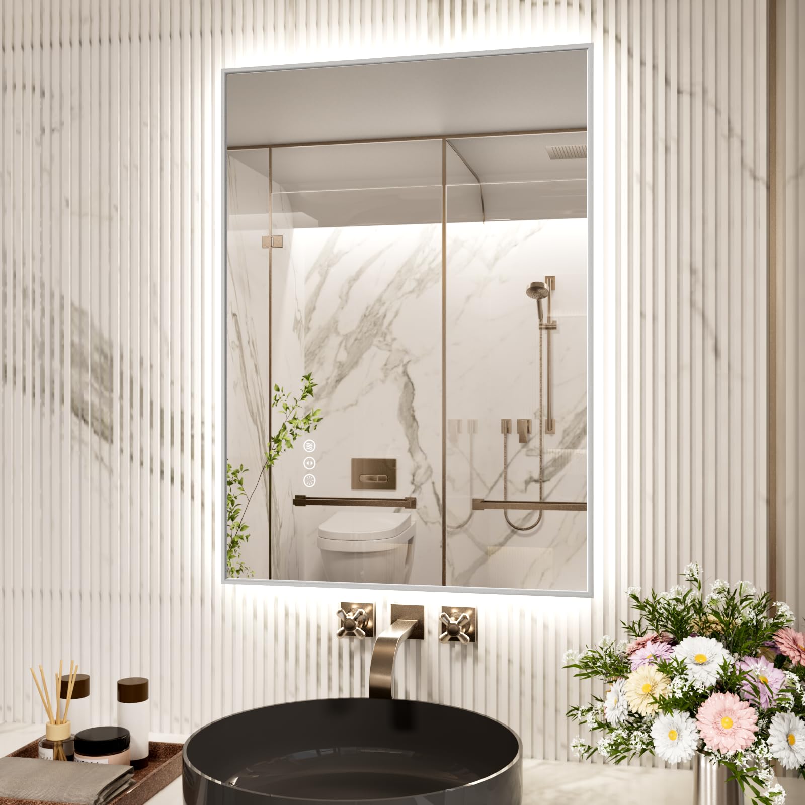 Snowdool LED Bathroom Mirror With Silver Metal Frame, 60 x80 cm Lighted Wall Mounted Vanity Mirror,Rectangular Illuminated Mirror With 3 Color Dimming, Anti-Fog Demister, IP44 HD Tempered Glass — image 1