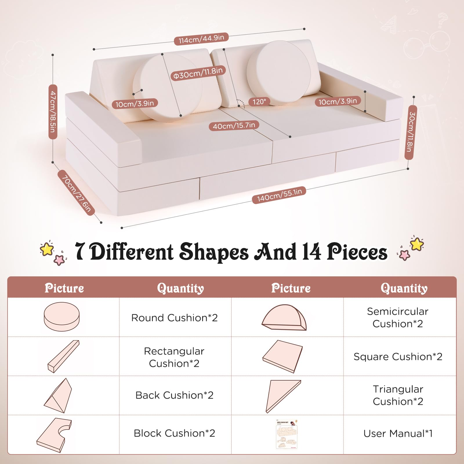 14-teiliges Modulares Spielsofa Beige, DIY Kindercouch mit Waschbaren Bezügen, Weiches Schaumstoff-Sofa, Flexibel Umbau bar für Kinderzimmer & Wohnzimmer