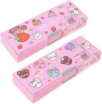 2PackPop Up Multifunction Pencil Case for Girls and Boys, Cute Cartoon Pen Box Organizer Stationery with Sharpener, Schedule, School Supplies, Best Birthday Gifts for KidsStrawberry+Bear