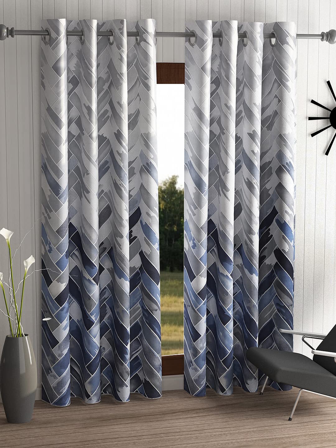 Home Sizzler 2 Pieces Geometrical Panel Eyelet Polyester Window Curtains – 5 Feet, Grey