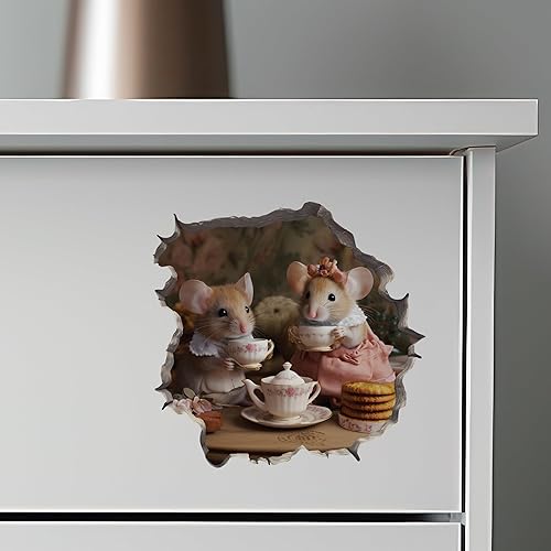 Miniatura 6 de Tea Time - Calcomanía de pared con agujero de ratón y ratones con efecto 3D, calcomanía de vinilo extraíble para habitaciones de niños y decoración