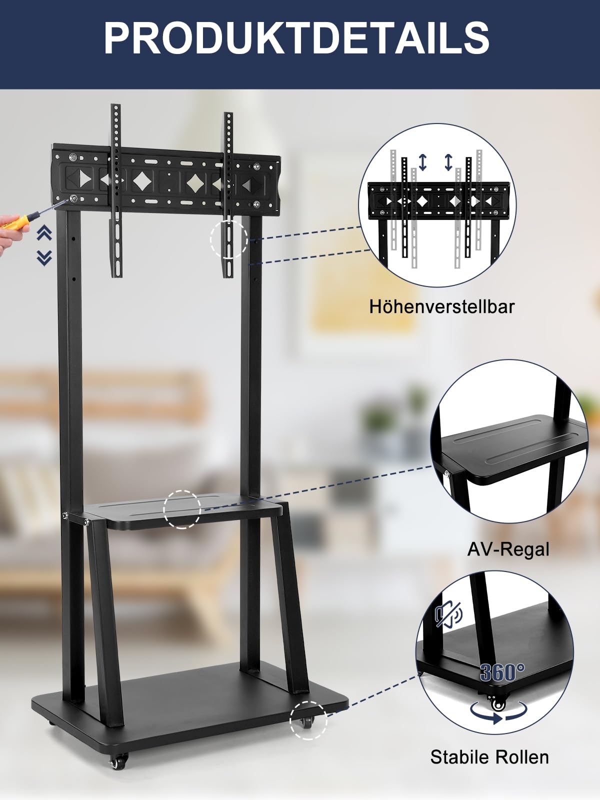 TV Ständer Rollen Mobiler TV-Wagen für 32-75 Zoll Flache/gekrümmte LED/LCD/OLED höhenverstellbarer tragbarer tv-standfüße auf Rädern bis zu 45kg Boden TV-Ständer mit Laptop DVD Regal Schwarz