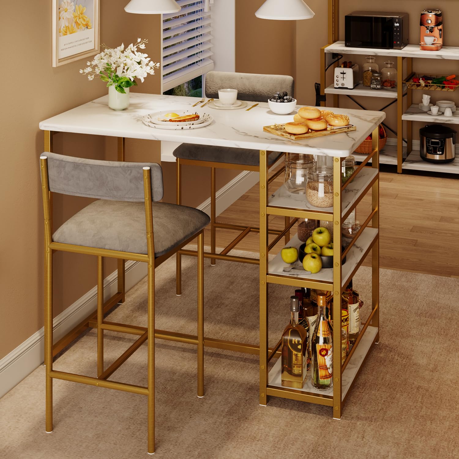 Amyove Dining Bar Kitchen Table Set with 2 Upholstered Chairs, Velvet Grey and Gold White