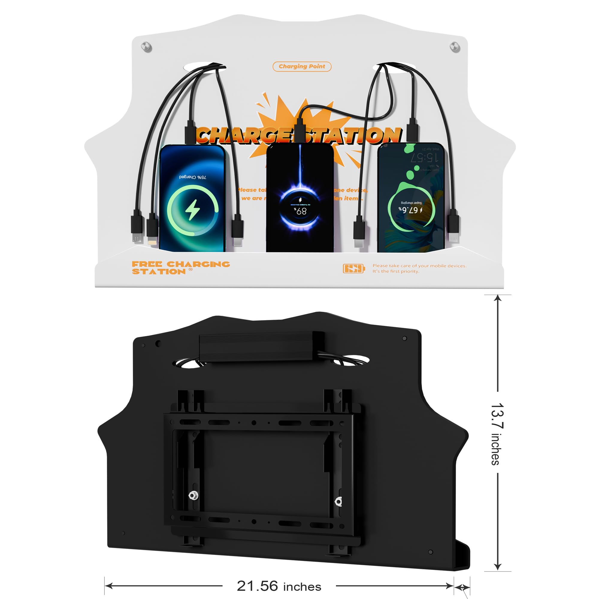 Estación de carga de teléfono celular montada en la pared con cables de alta velocidad de 8 puertos - Base universal para dispositivos Apple, tipo C y Android - Ideal para aeropuertos, hoteles,