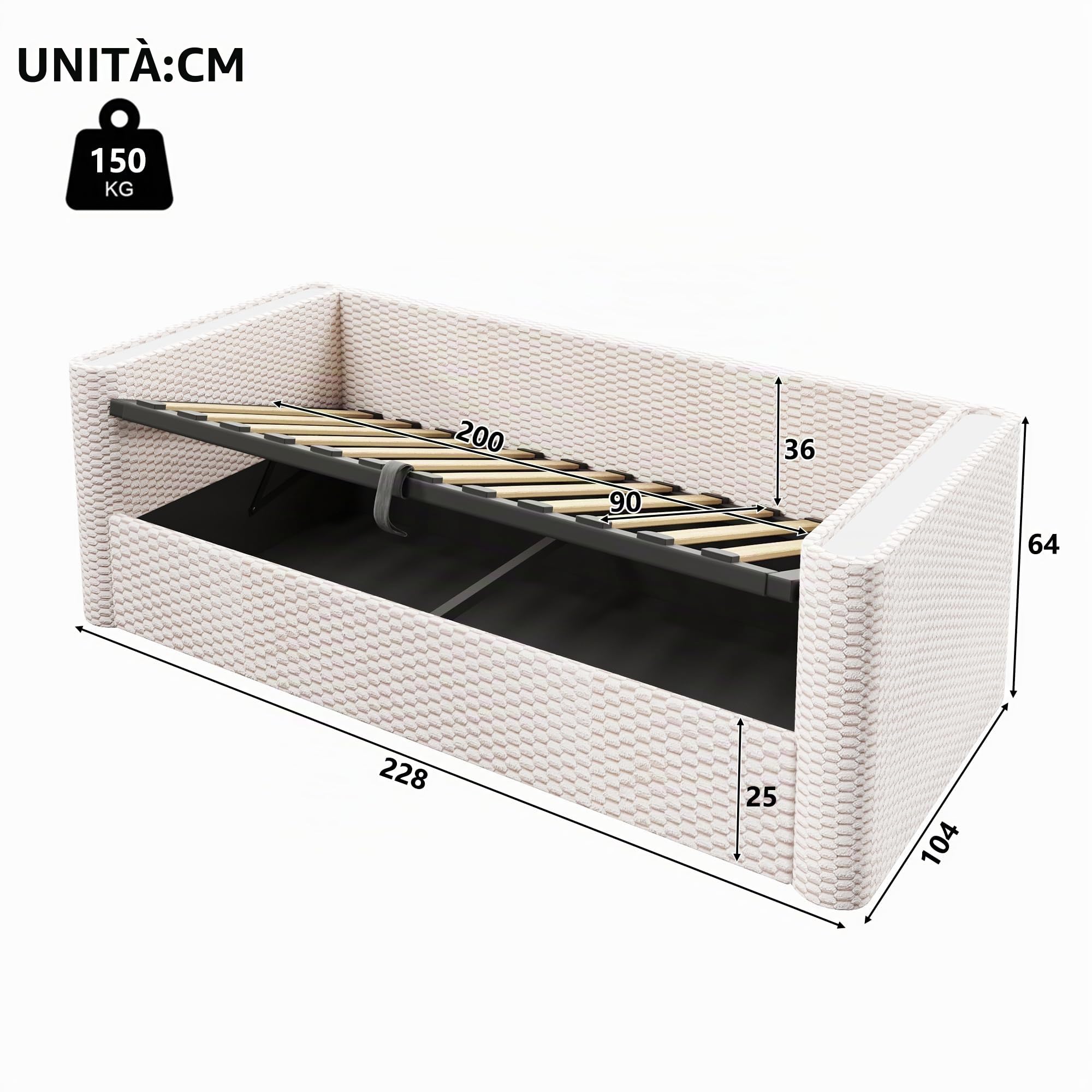 Divano letto 90 x 200 cm con illuminazione a LED, Letto Singolo Imbottito con Contenitore Idraulico, Rete a doghe, Tessuto in Velluto, Beige