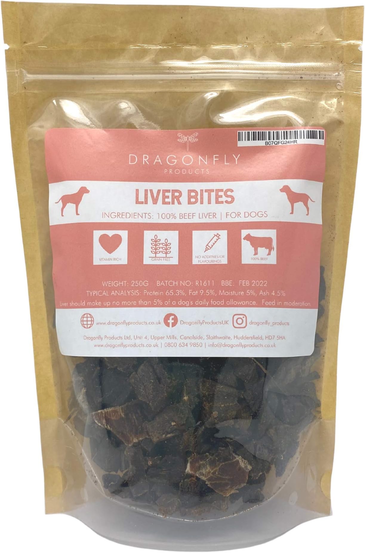 Dragonfly Products Dried Liver Dog Training Treat Pouch | 250g (approx 100 pieces) | Natural, Grain Free, Low Fat Chew | Pure Beef Liver | For All Breed Sizes
