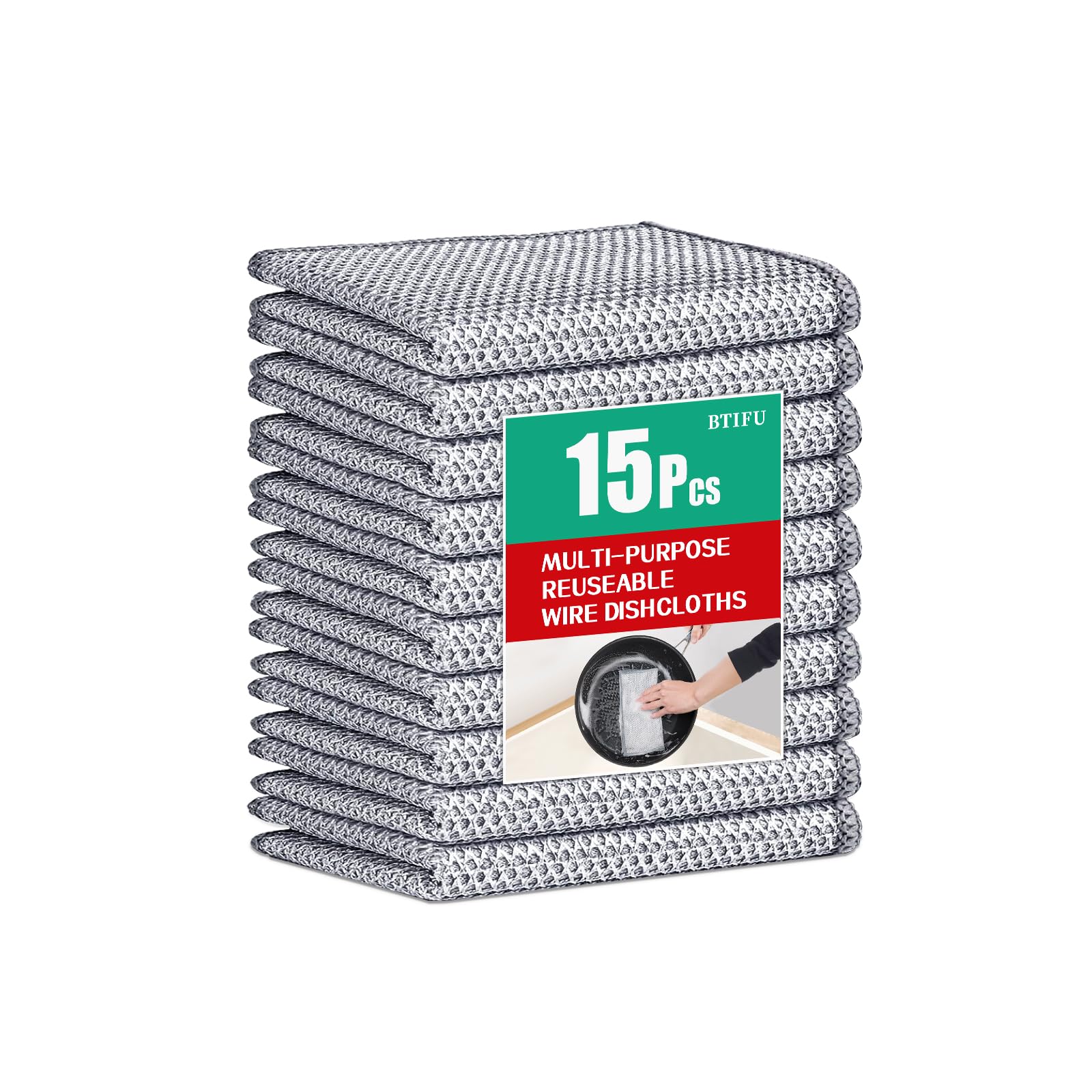 BTIFU 15 Pcs Multipurpose Non Scratch Wire Dishcloth, Reusable Wire Dishwashing Rag, Wet and Dry Silver Mesh Dishcloth for Kitchen Cleaning, Sinks, Dishes, Stoves (20 x 20 cm)