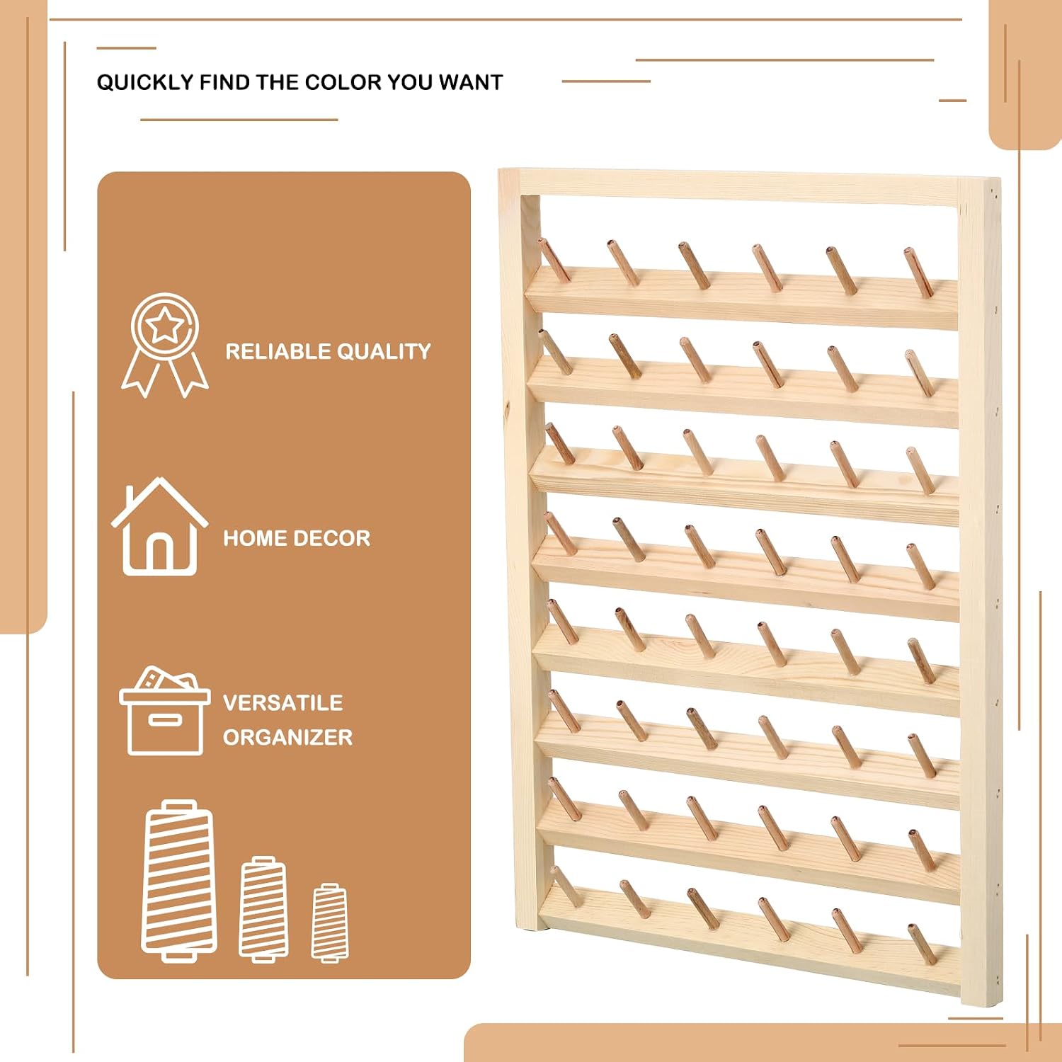 Yahenda 2 Pack 48 Spool Wooden Thread Holder Wall Mounted Thread Rack with Hanging Hooks Organizer for Mini Sewing Quilting Jewelry Embroidery