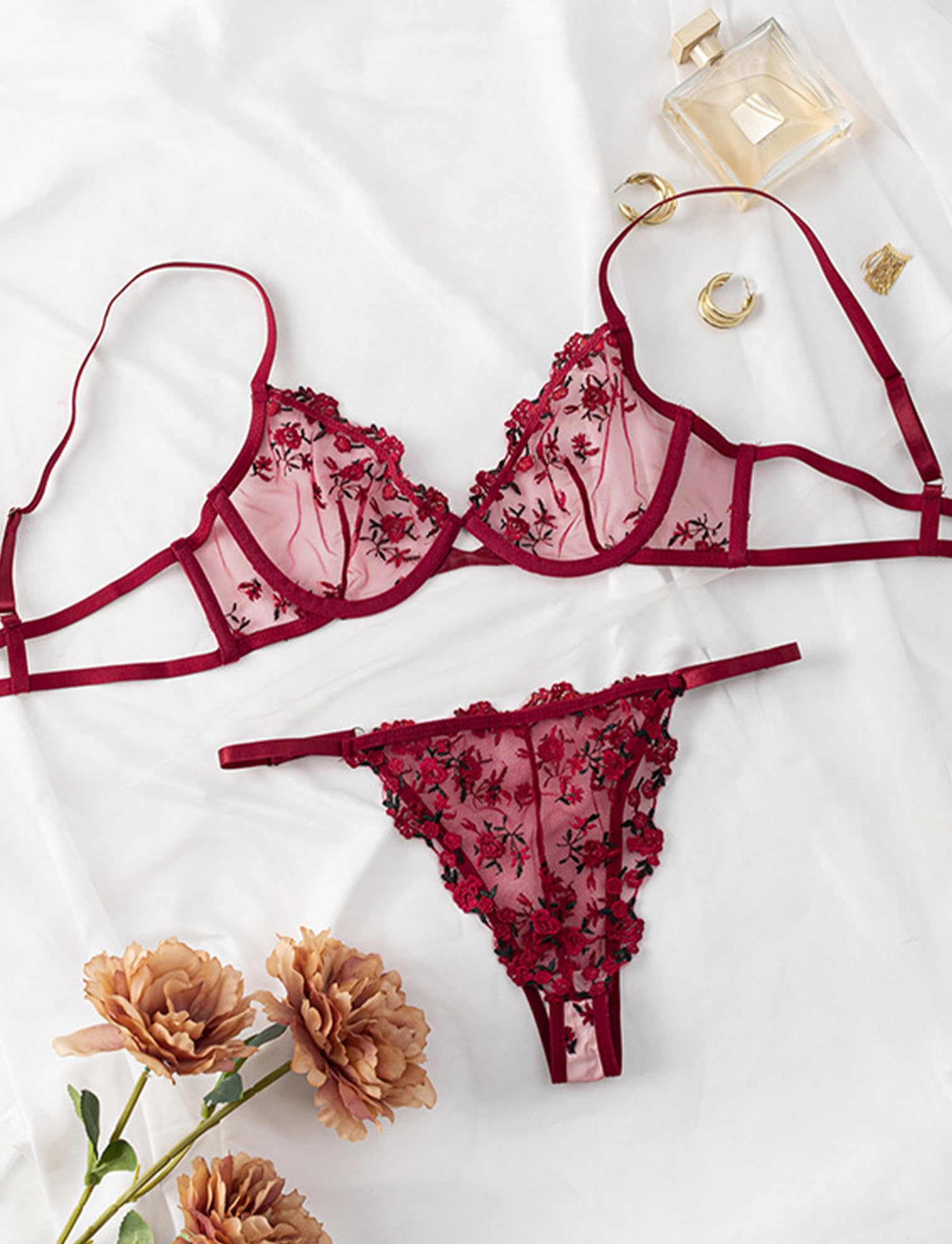 FEOYA Lencería sexy para mujer, conjunto de brasier y bragas de encaje a juego, malla bordada, bralette push up, tanga, ropa interior de dos piezas