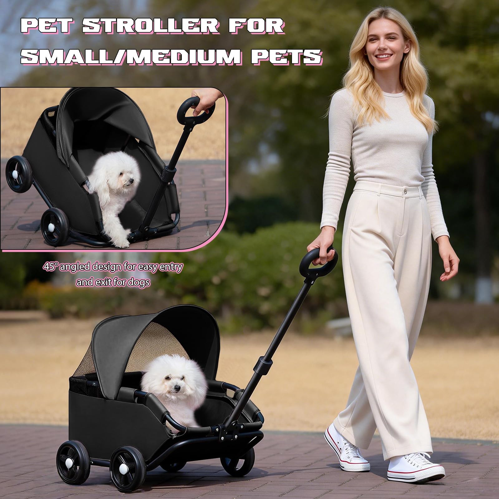 Chariot Pliable pour Chien, 4 Roues avec Barre Pivotante à 360°, Poussette pour Chat avec Visière Solaire, Mini Poussette pour Animaux de Compagnie, Tissu Oxford 600D (noir)