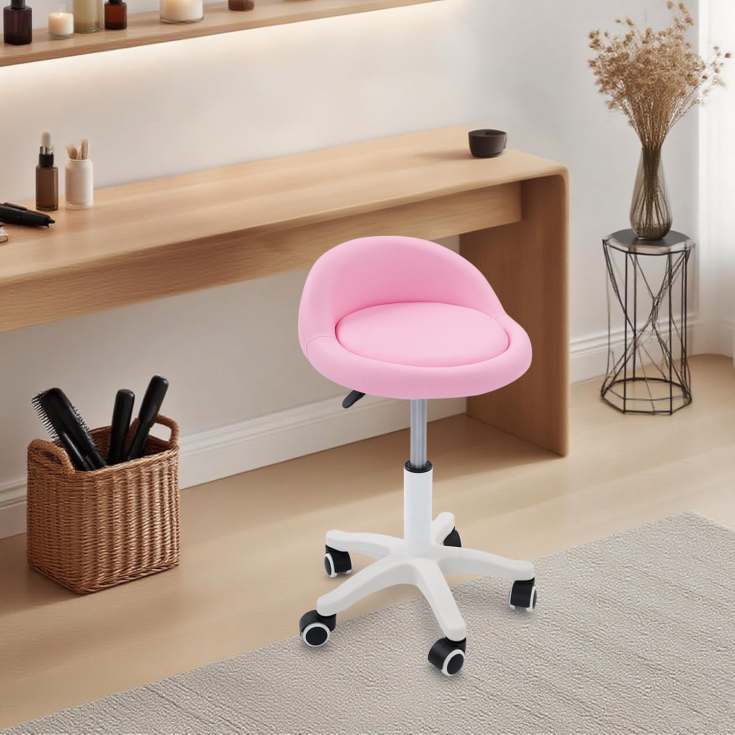Rolling Stool Chair with Backrest, Round PU Leather Swivel Salon Stool Adjustable Height Drafting Tattoo Office Chair for Spa Salon Tattoo Massage Dental Office (Pink)