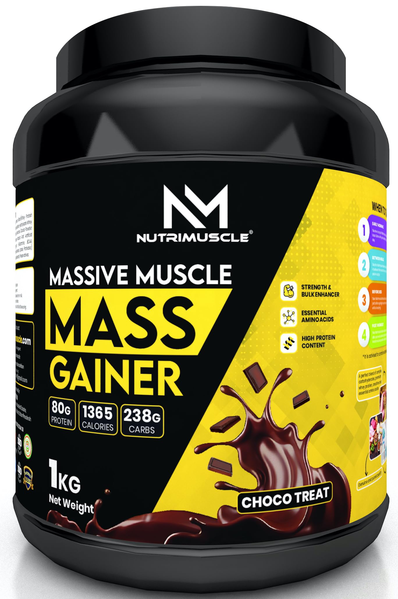 Nutrimuscle Massive Muscle Mass Gainer - 1kg - Choco Treat (Chocolate) Flavour for Mass, Muscle, Power & Strength Gain - Contains Complex Carbohydrates, Whey Protein, BCAA , Digestive Enzymes & Essential Vitamins & Minerals - Also Contains Nutrimuscle CREATINE MONOHYDRATE - High protein Gainer