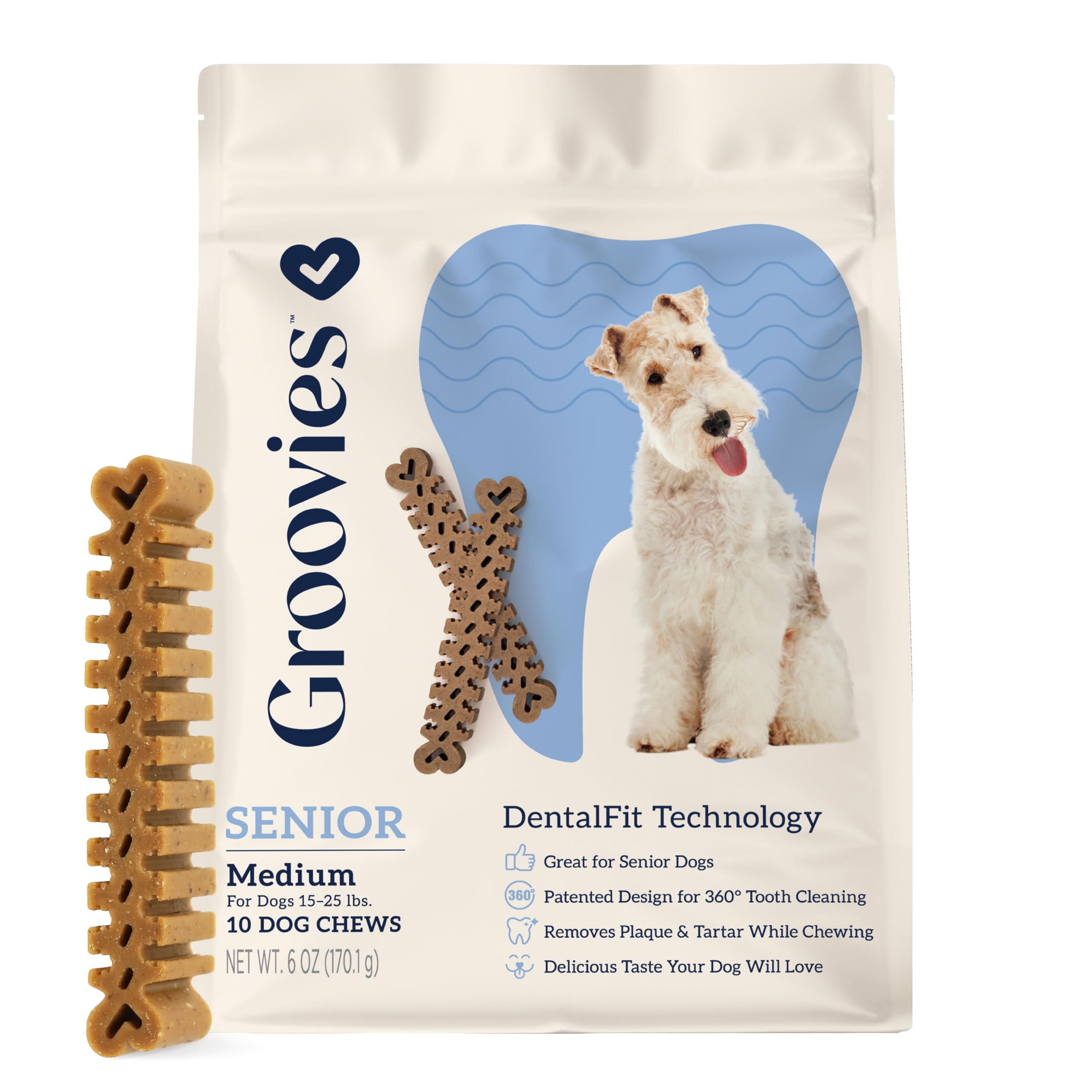 Groovies Gentle & Flexible Senior Dog Dental Chews, Contact-Cleaning Design Supporting Tartar Control & Fresh Breath, Oral Care Treats, USA