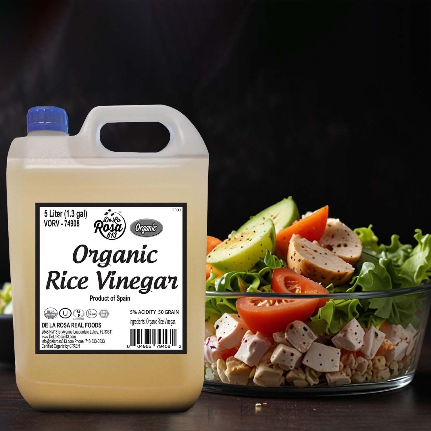De La Rosa Organic Rice Vinegar 5% Acidity, Kosher, Rice Vinegar for Cooking, Sushi, Salad Dressings and More | Sugar-Free Rice Vinegar - 5 Liter (Pack of 1)