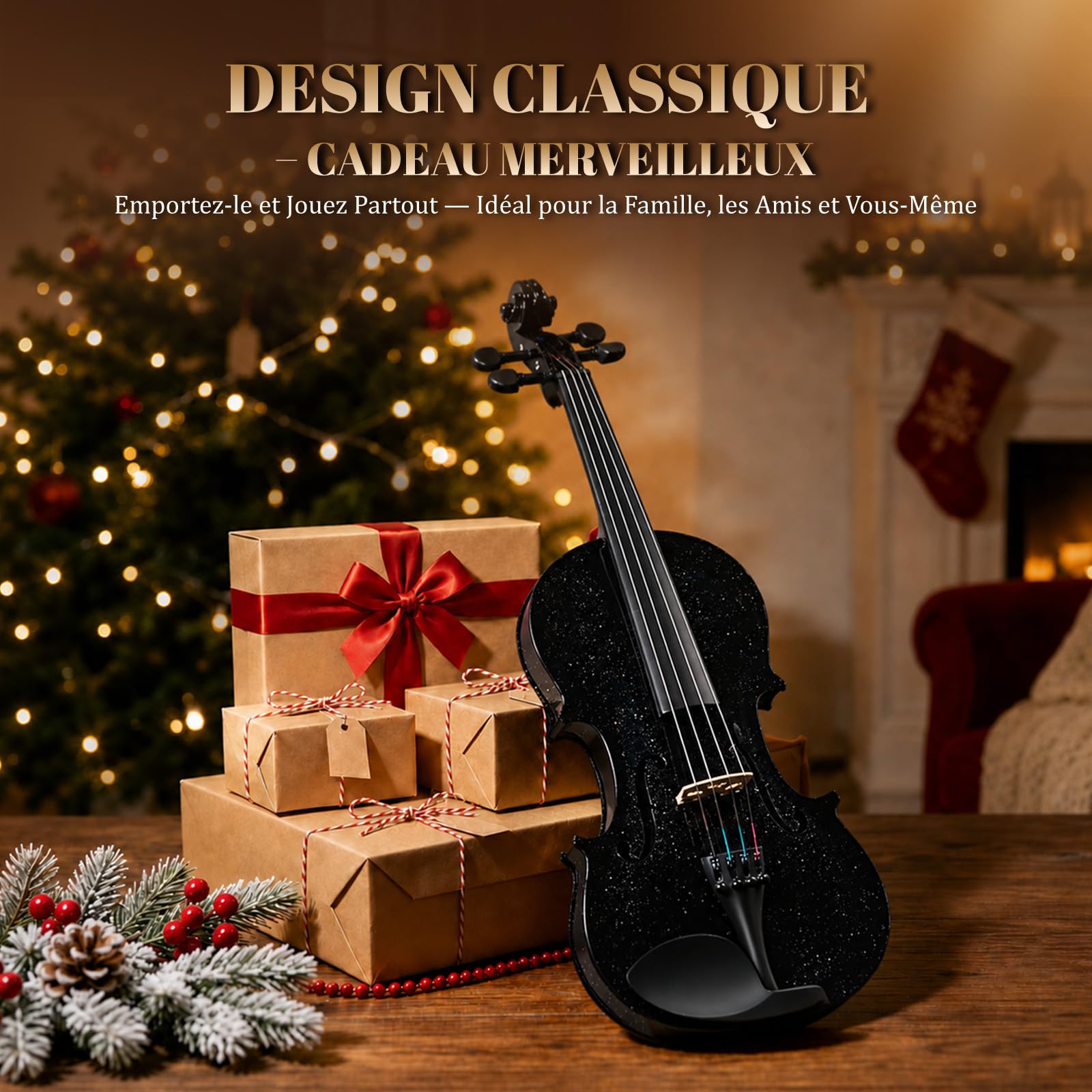 Bonnlo Violino per Bambini e Principianti, Misure 1/4, 1/2, 3/4 e 4/4, Violino in Legno Compensato di Tiglio con Acro in Legno Rosso, Astuccio, Colofonia e Mentoniera, 4/4, Nero Stellare
