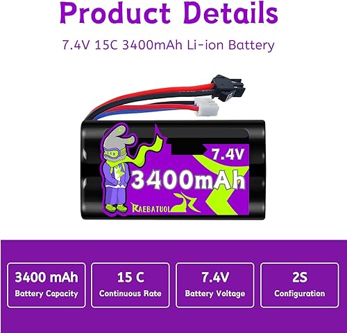 Miniatura 2 de Batería de iones de litio de 3400 mAh 7.4 V con enchufe en T SM2PDean, 2S baterías de alta capacidad para autos RC RACENT M60 M26 M1A2 TJ110 78504-2
