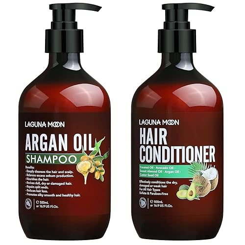 Lagunamoon Champú de aceite de argán y acondicionador de cabello de coco avacado, sin sulfato para cabello dañado, seco, rizado o encrespado (16.9