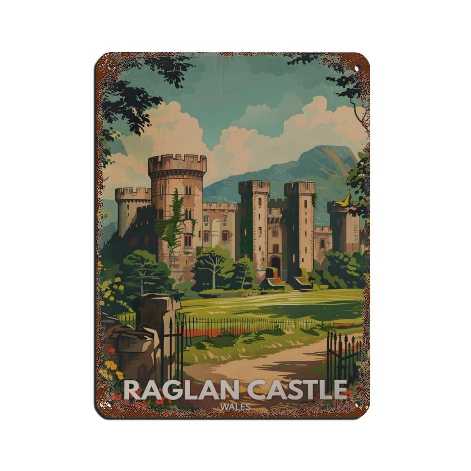 Lxwnze 30L X 40W Cm Raglan Castle Poster, Wales Castle Travel Tin Sign Vintage Metal Pub Club Cafe Bar Home Wall Art Decoration Poster Retro 12X16inch(30X40cm)