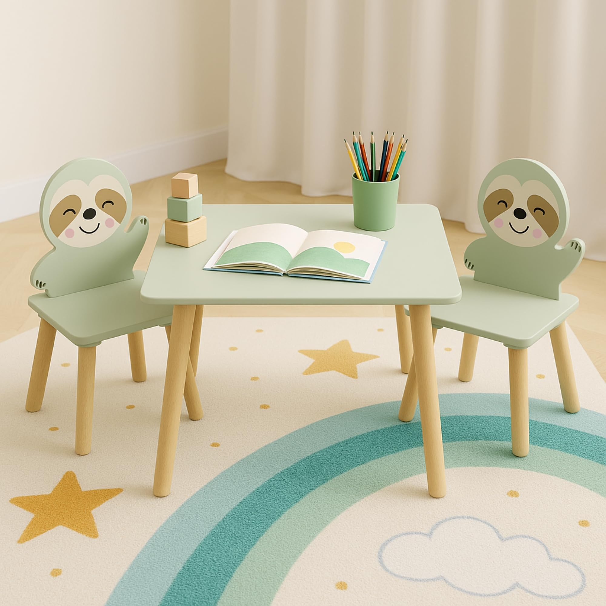 Wood Table &amp; Chairs 3 Pieces Set, Boys Girls Activity Table w/ 2 Animal Shaped Chairs, Solid Wood Legs, Safe Rounded Corners, Playroom Furniture for Boys &amp; Girls Activity Dining Drawing Craft.