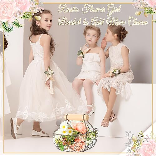 Miniatura 4 de Hoolerry 2 cestas de flores para niñas, pequeñas canastas rústicas de flores para boda, cesta de metal con asa, cesta de pétalos pequeños para