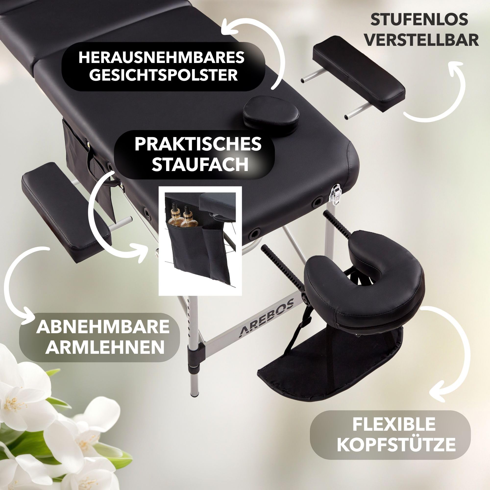 Arebos Mobile Massageliege 3 Zonen, Massagetisch, Massageliege klappbar, höhenverstellbare Aluminium Massagebett Kosmetikliege tragbar inkl. Zubehör, Kopfstütze, Armlehne und Tragetasche, Schwarz