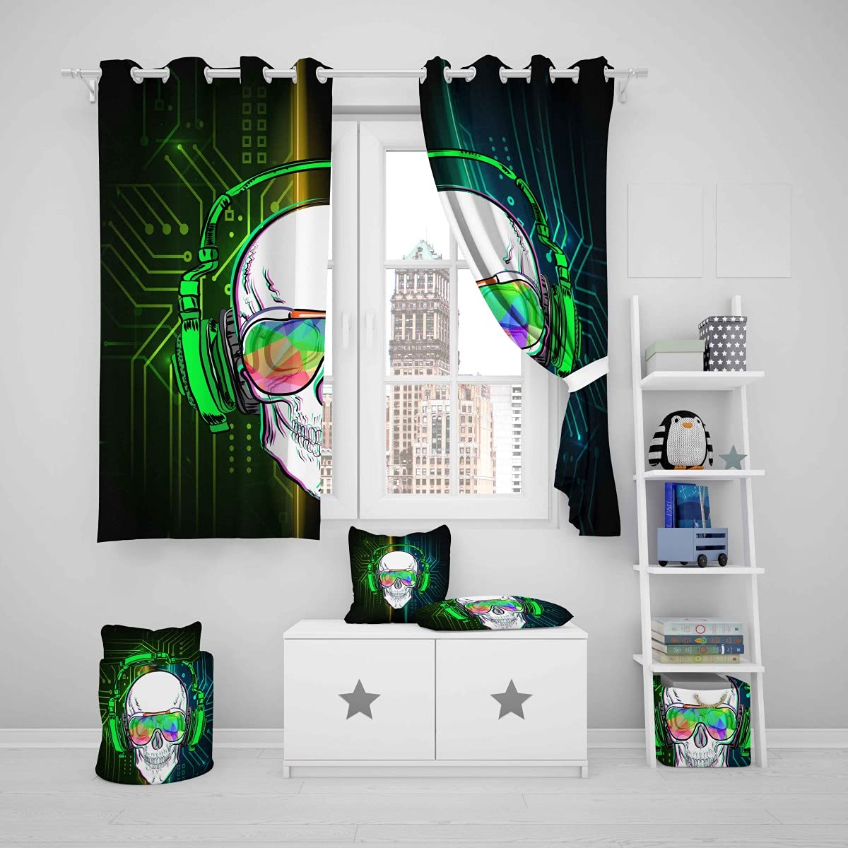 Loussiesd Skull Curtain for Boys Bedroom Decor Black Green Skeleton Curtains Skull Window Treatments Teens Skull Print Living Room Home Drapes Kids Music Headphones Notes Curtains W66*L90 - Image 4