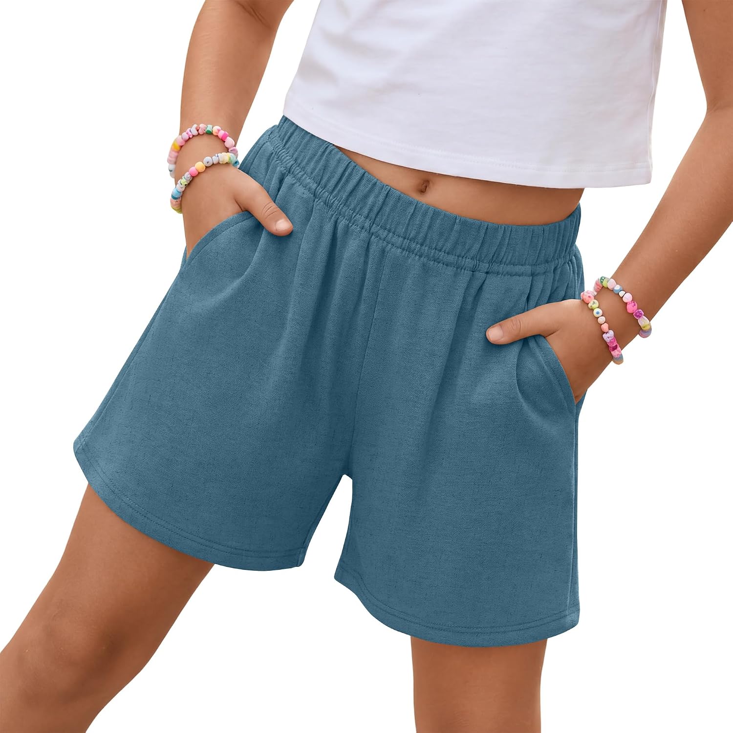 Girls Linen Shorts 5-14 Years Teen Casual High Waist Wide Leg Shorts Kids Summer Athletic Basic Clothes with Pocket