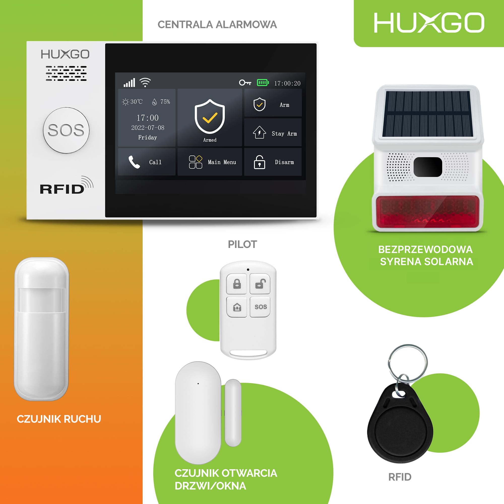 Bezprzewodowy system alarmowy GSM 4G i WiFi, syrena solarna zewnętrzna | Alarm HXA007, 9x czujnik ruchu PIR, 1x sensor otwarcia okna | TUYA Smart life App, język POLSKI