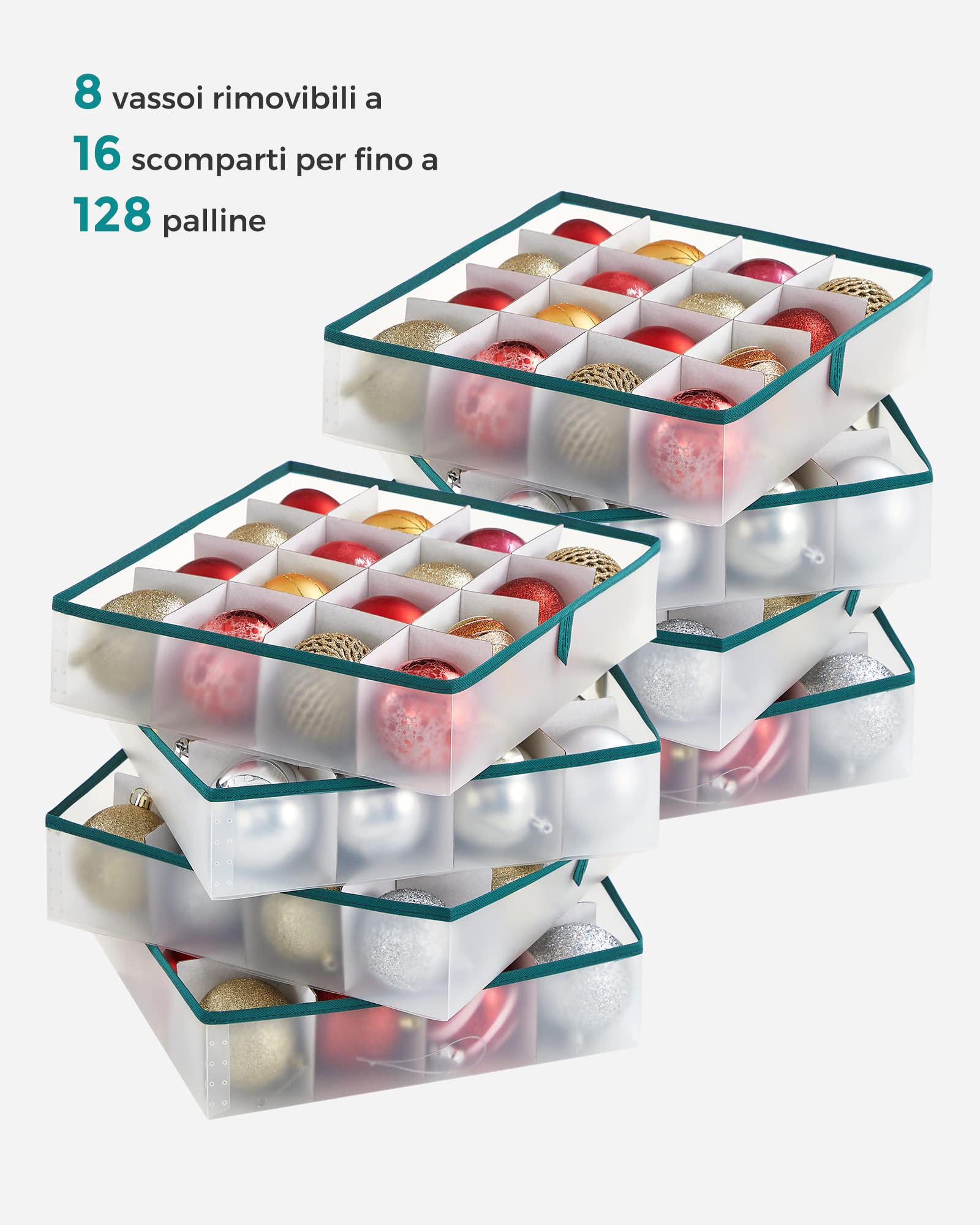 SONGMICS Contenitore per Palline di Natale, Scatola per Decorazioni Natalizie, 128 Posti, Divisori Componibili, 67 x 34 x 34 cm, Semitrasparente e Verde RFB029C01