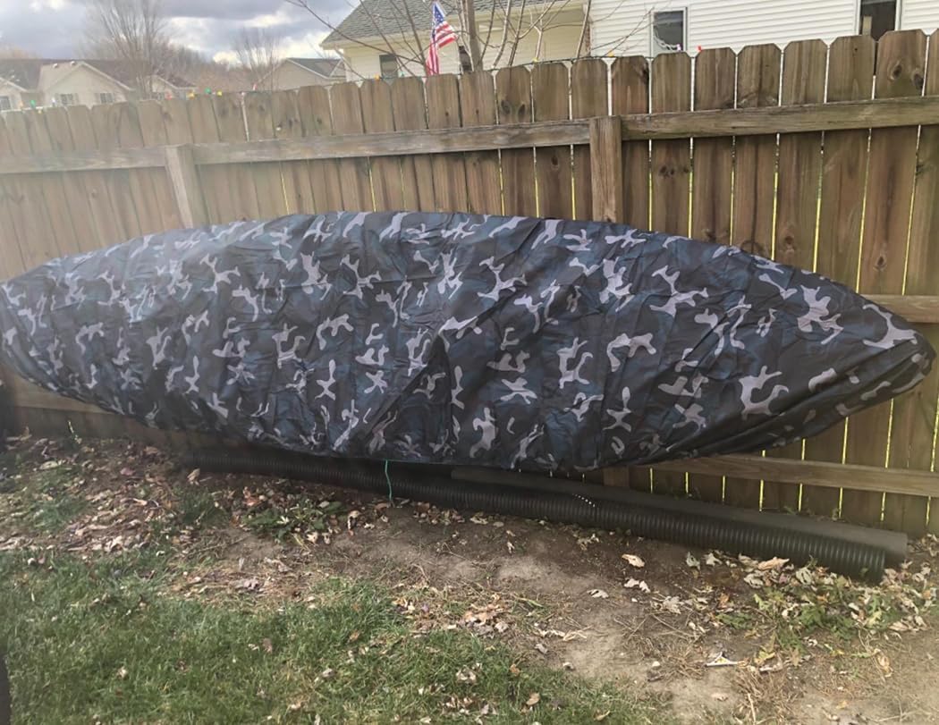 J&C Kayak Covers for Outdoor Storage Waterproof Canoe Cover Dust Proof Fits for 10ft 12ft 13ft 14ft 15 16 17 18 19 ft 200D Polyester Anti Sunlight (13.4-14.8ft /4.1-4.5m, Ocean Camouflage)
