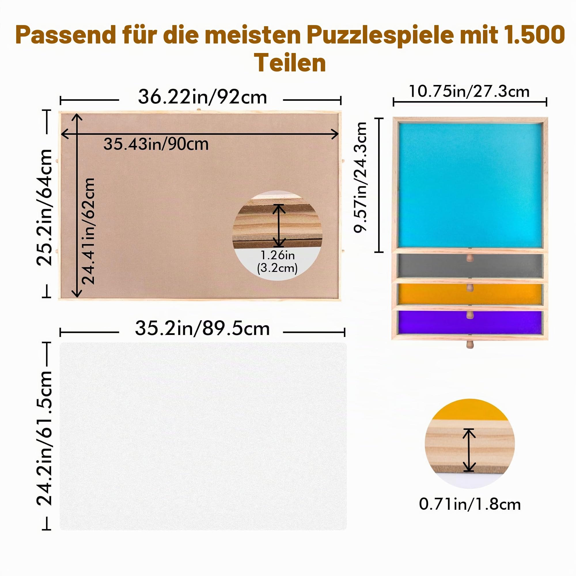 91,4 x 63,5 cm neigbares Holz-Puzzlebrett mit Schubladen, Staffelei, rutschfeste Wildlederoberfläche, Puzzletischzubehör für bis zu 1.500 Teile Puzzles mit 4 Sortiertabletts
