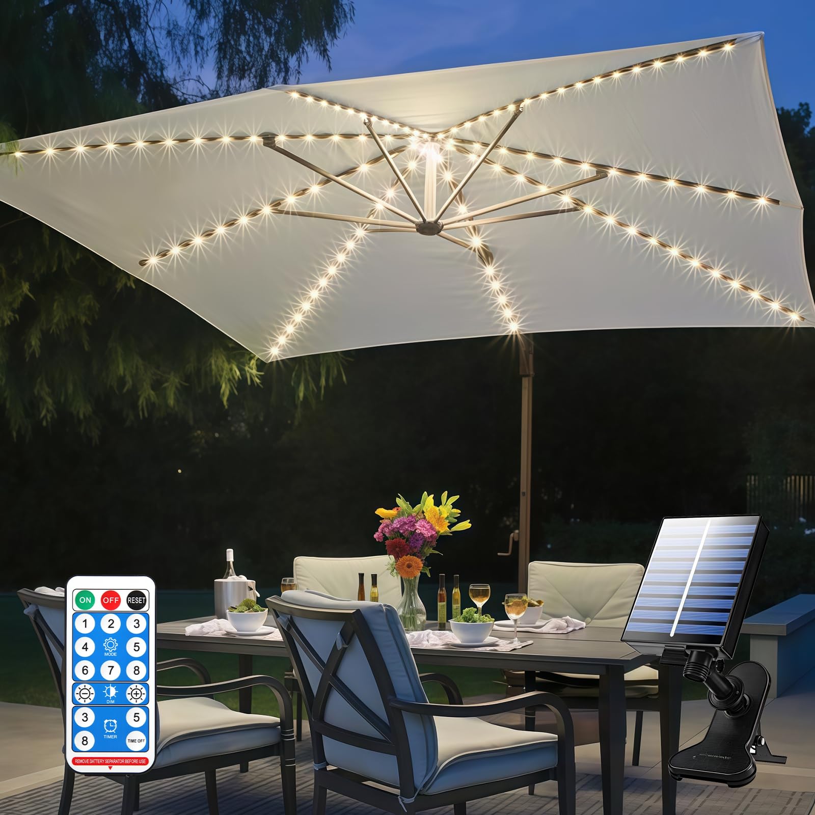 Parasol Solar Fairy Light, Remote Control LED Parasol 8 Modes, 104 LEDs, IP67 Waterproof Garden Lights