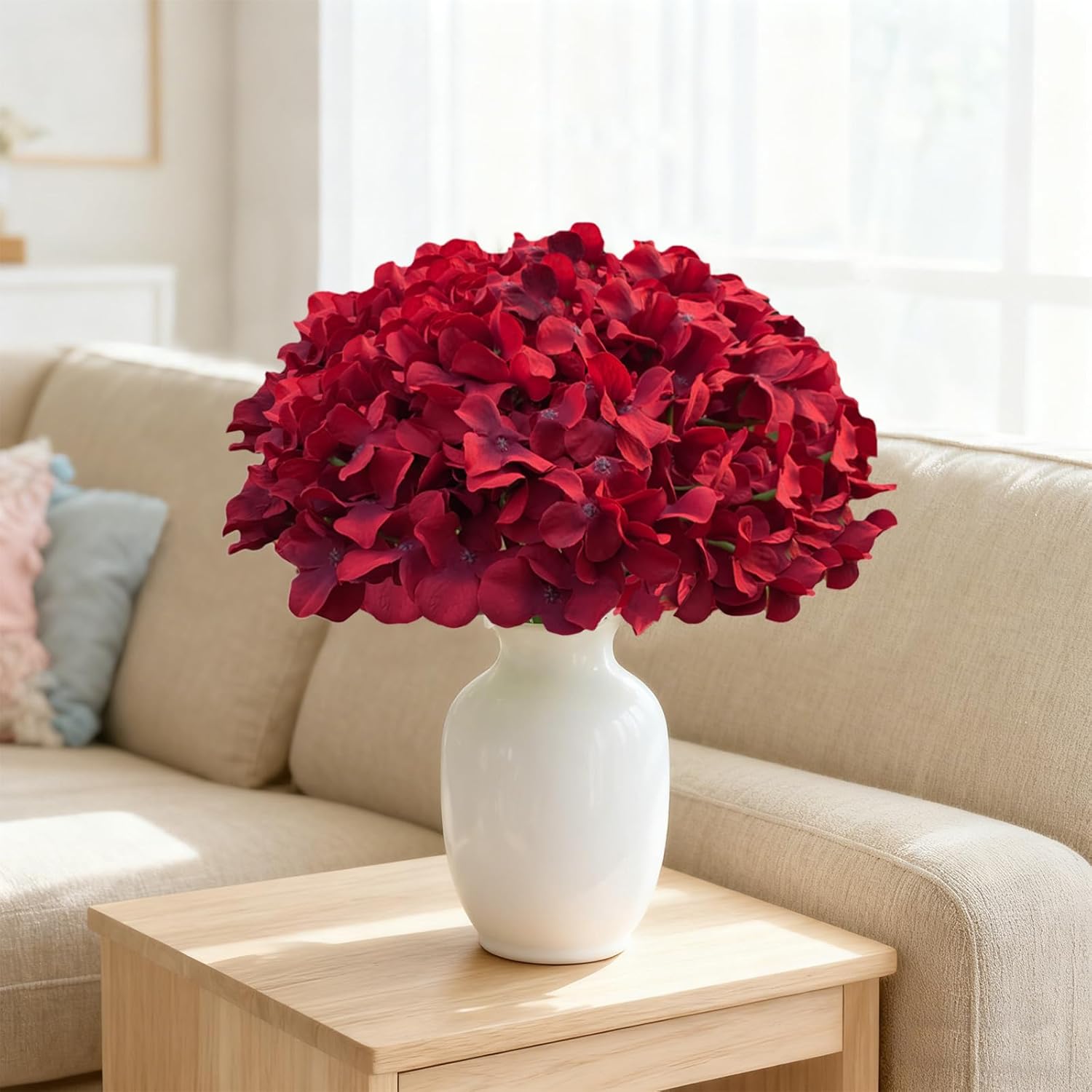 Dark Red Hydrangea Artificial Flowers Bulk, 30 Pcs Faux Hydrangea Flowers Heads, Artificial Fake Silk Hydrangea Flowers with Stems, Red Flowers Artificial for Decoration Wedding Décor - Image 5