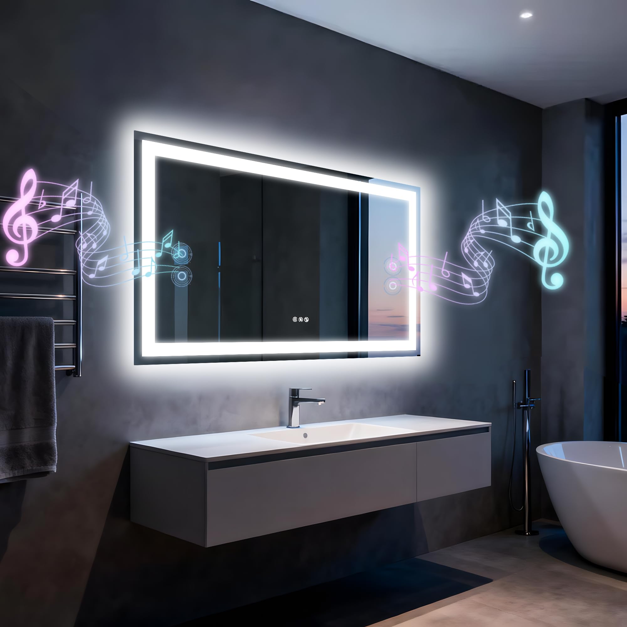 Espejo de baño LED con Luces, Altavoz Dual Bluetooth 100x70 cm, antivaho, 3 temperaturas de Color, Brillo Regulable, función de Memoria, Impermeable, diseño de Montaje en Pared, Vidrio Templado