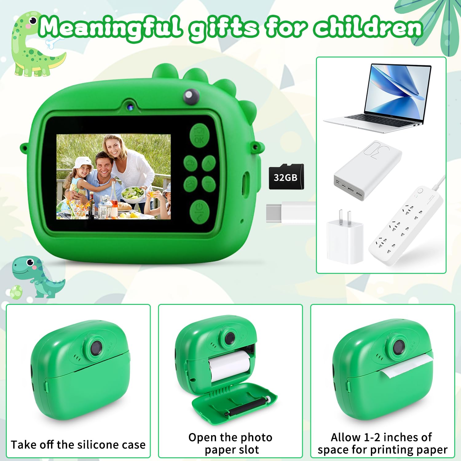 Camara Fotos Infantil Instantanea Dinosaurio, 2,4 Pulgadas Camara Fotos Infantil con Tarjeta de 32G y Papel de Impresión, 1080P Cámara Instantánea para Niños de 3 a 12 Años Regalos Juguete