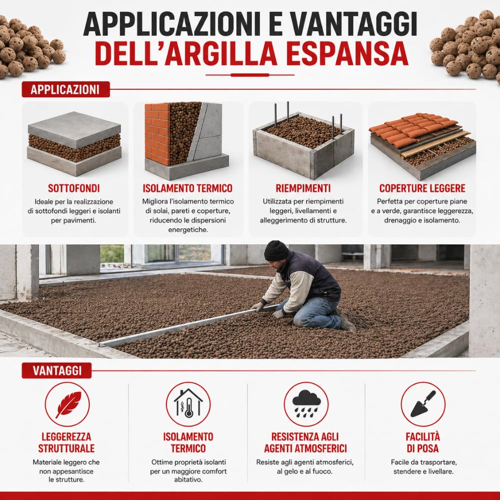 FORTUNATO Argilla Espansa per Edilizia, Isolante Termoacustico, Granulometria 8-20 mm, 50 L, Materiale Naturale Riciclabile