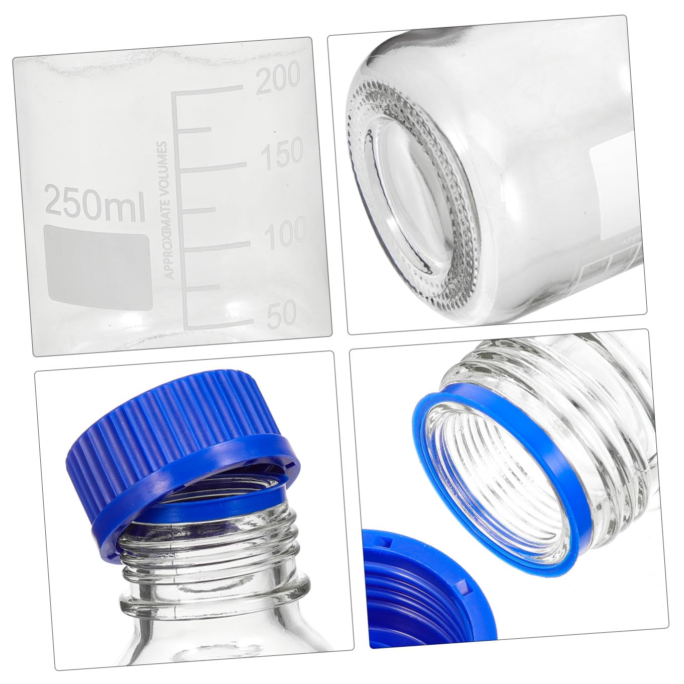 PLAFOPE 4 Pezzi Bottiglia di Reagente Graduata 250ml in Vetro con Tappo a Vite Blu Resistente alla Rottura e Lavabile per Laboratorio e Applicazioni in Classe