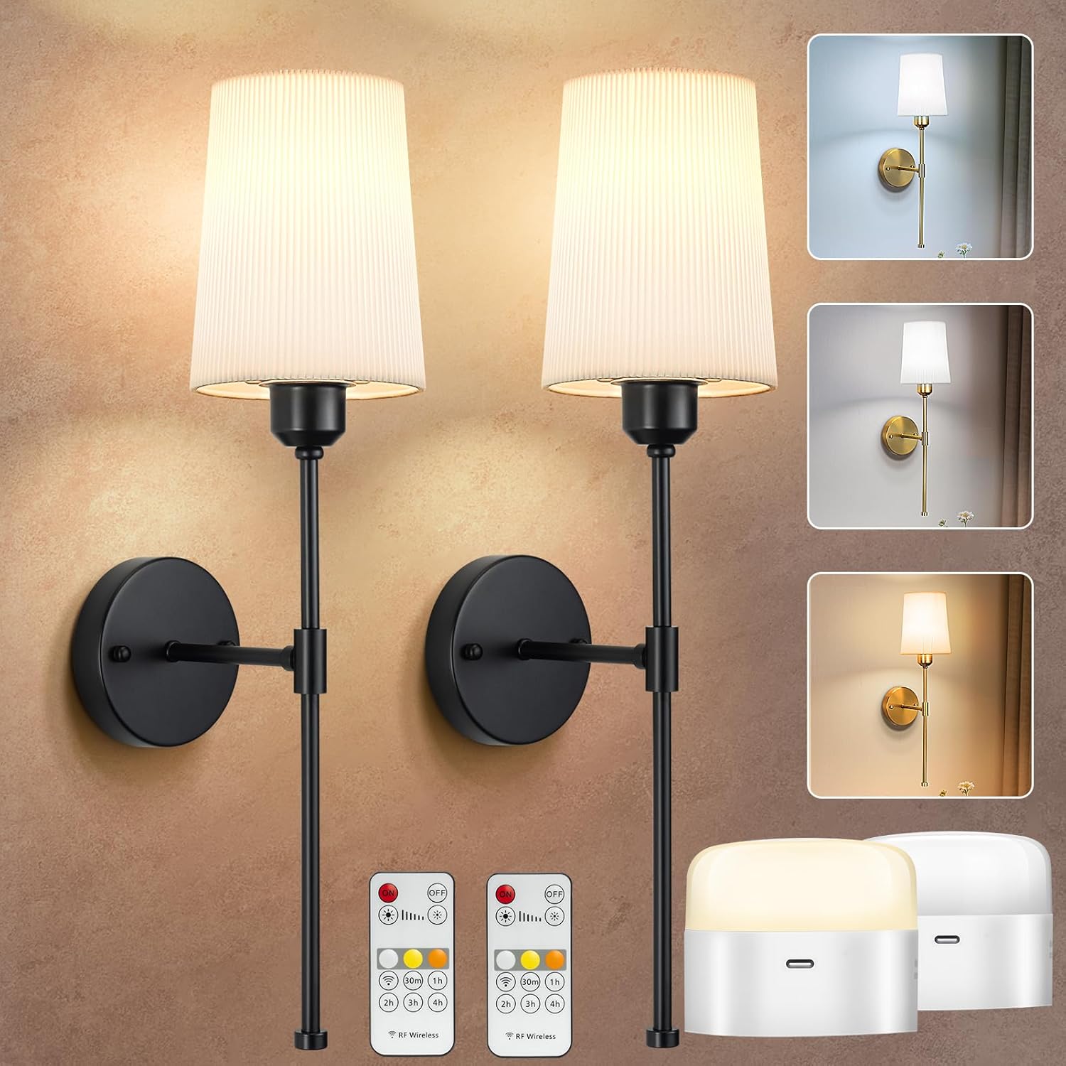 Sconces Battery Operated, Battery Operated Wall Sconce13000mAh Black Wall Sconce with Remote Battery Powered Sconces Decor Set of 2 Wall Lights for Living Room Bedroom 13000mAh Black-White
